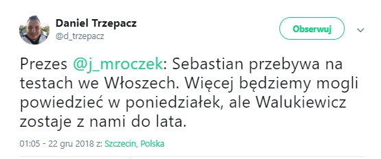 Walukiewicz dopiero latem przejdzie do Cagliari